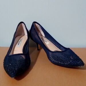 Nina low heel Sofie-YM. Navy rhinestone, satin and mesh. Size 8.5